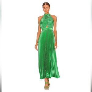 L'IDEE Pleated GOWN DRESS - GREEN (12 AUS/8 US) Halter Neck Open Back Satin